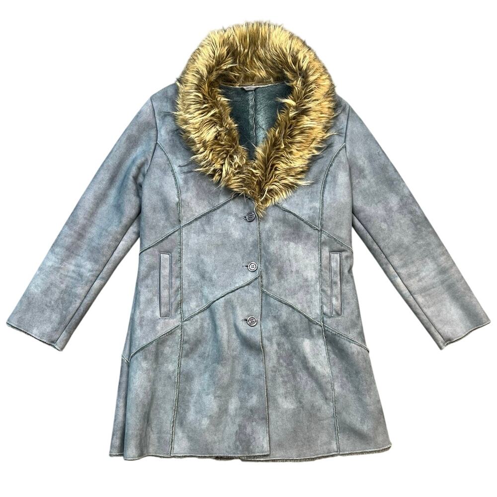 Vintage Y2K Excelled Collection Blue Gray Faux Shearling Coat Faux Fur Trim XL